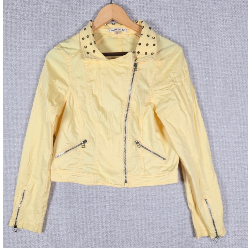 Double Zero Womens Yellow Studded Asymmetrical Zip Moto Jacket Size Large‎